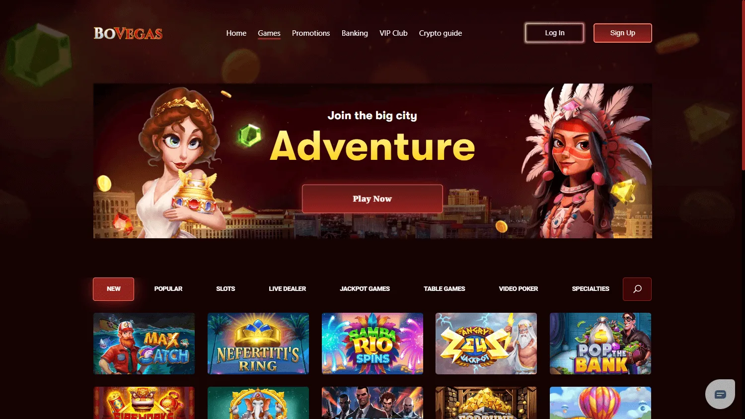 BoVegas Casino desktop games view with slots, live dealer and table game categories