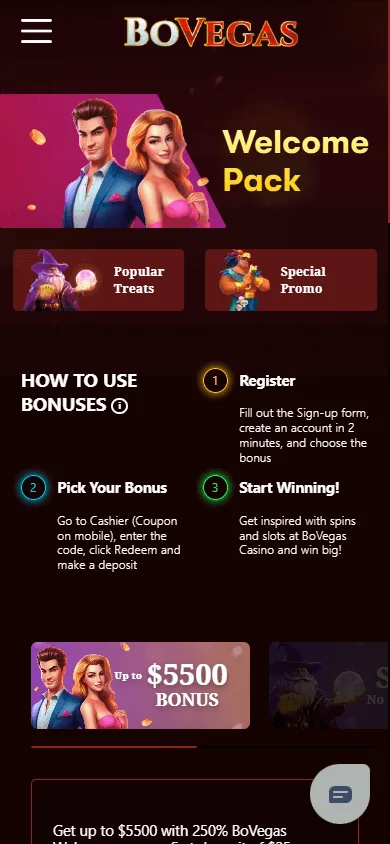 BoVegas Casino promotions view opened in a mobile browser