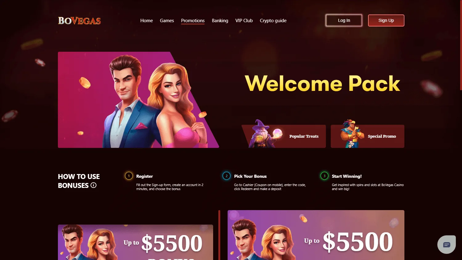 BoVegas Casino desktop promotions view with welcome and ongoing bonus offers