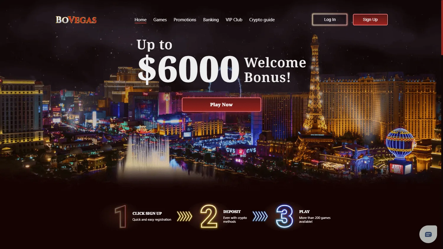 BoVegas Casino desktop home view with the casino offer and account controls